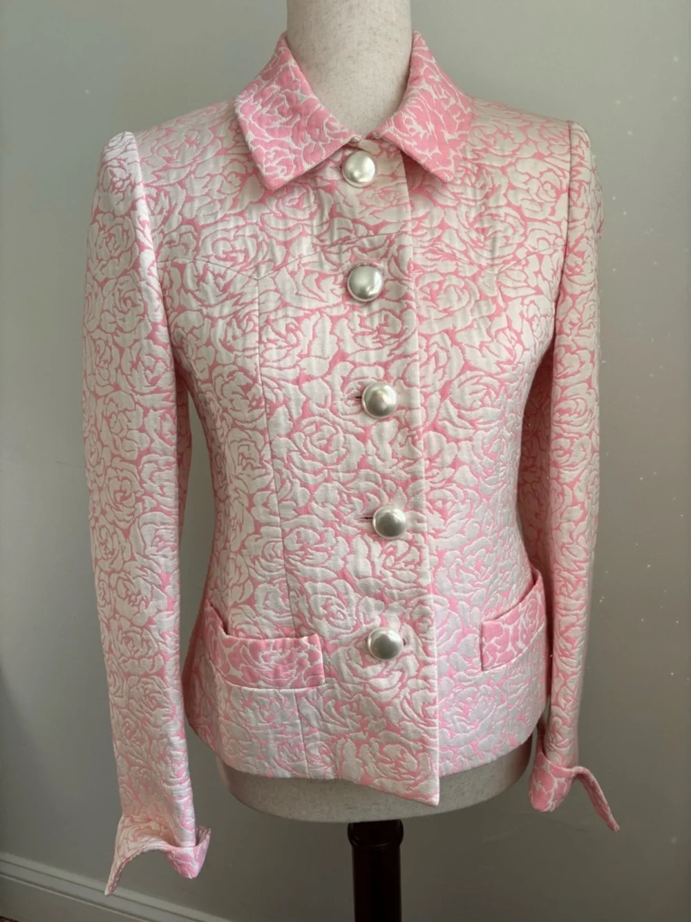 Vintage French Pink Brocade Blazer Pearl Buttons Coquette Jackie O EU 38 - Picture 3 of 8